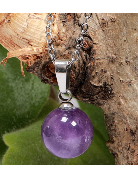 Ametist Taşı Çelik Kolye - 10 mm