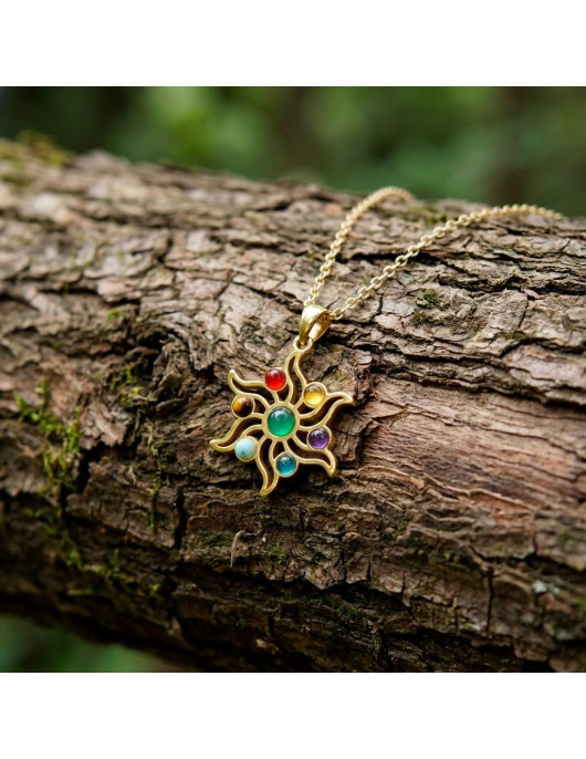 Altın Renkli Çakra Güneşi Çelik Kolye – 7 Taşlı Doğal Taş Çakra Kolye