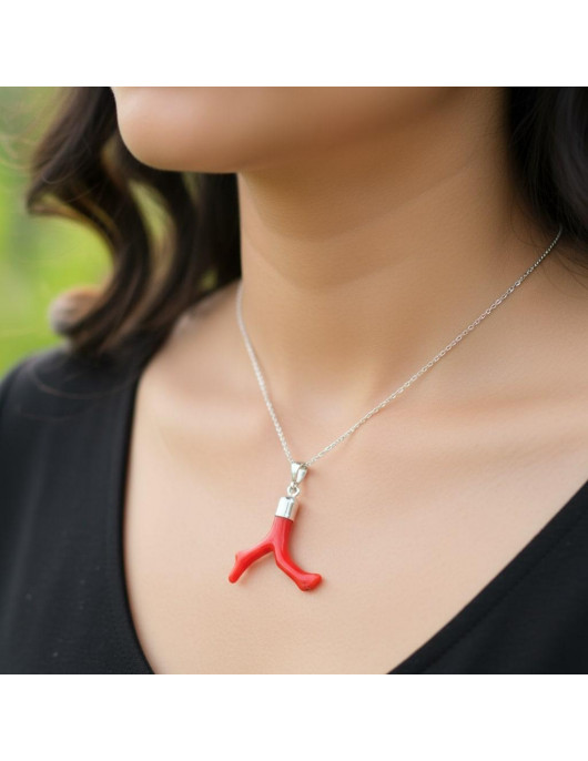 Doğal Boyasız Dal Mercan Taşı Gümüş Kolye – 925 Ayar Gümüş Zincirli Doğal Boyasız Dal Mercan Taşı Gümüş Kolye – 925 Ayar Gümüş Zincirli