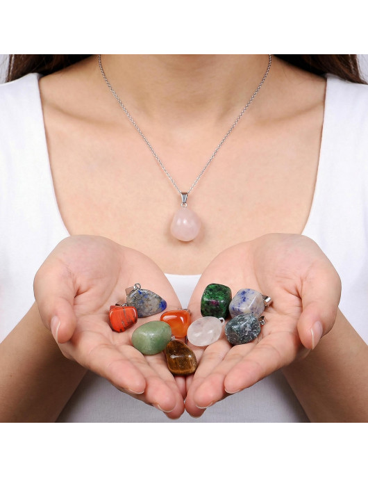 Her Güne Yeni Bir Enerji: 10 Adet Karışık Doğal Taş Kolye Ucu ve Çelik Zincir Seti