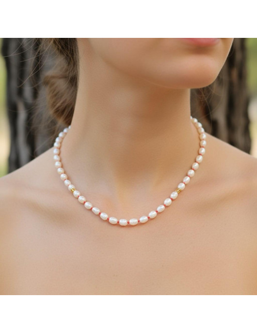 İnci Kolye - Düğümlü Model (5x7 mm Gerçek İnci)