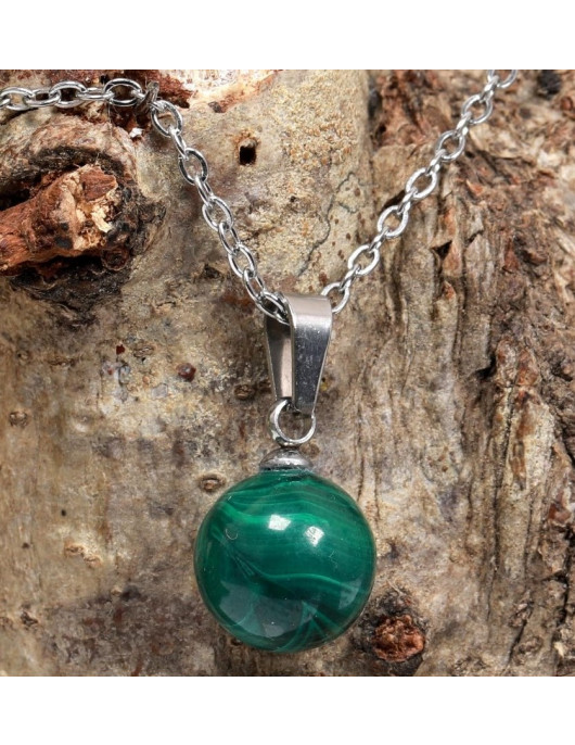 Malahit Taşı Çelik Kolye - 10 mm Malahit Taşı Çelik Kolye - 10 mm