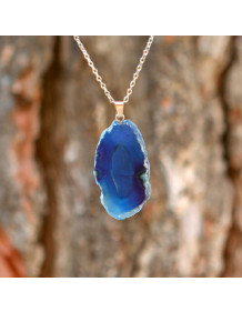 Mavi Akik Taşı Dilim Kolye – Çelik Zincirli