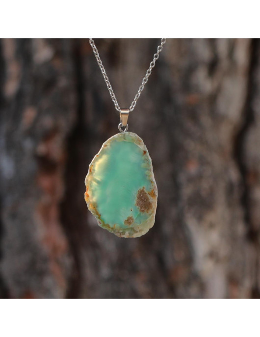 Yeşil Akik Taşı Dilim Kolye – Çelik Zincirli