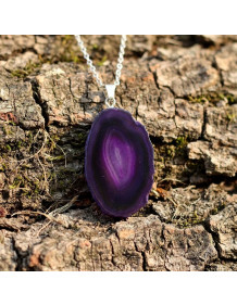 Mor Akik Taşı Dilim Kolye – Çelik Zincirli