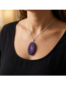 Mor Akik Taşı Dilim Kolye – Çelik Zincirli