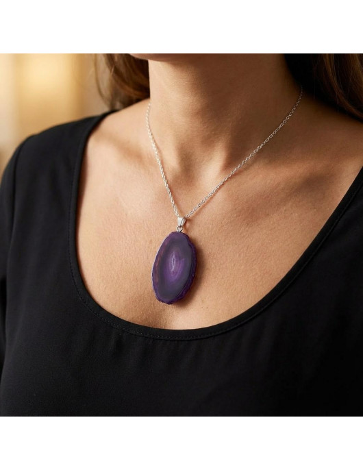 Mor Akik Taşı Dilim Kolye – Çelik Zincirli
