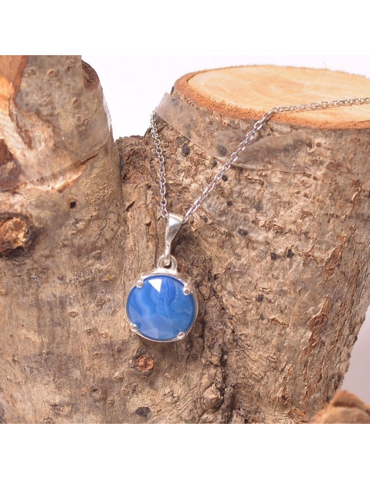 Mavi Akik Taşı Gümüş Kolye - Dolunay Model Mavi Akik Taşı Gümüş Kolye - Dolunay Model