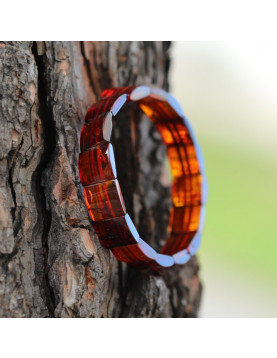 Kare Kesim Baltık Kehribar Bileklik – Doğal Gerçek Kehribar (Elastik) - Konyak Rengi