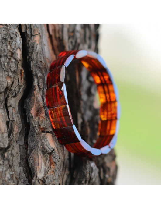 Kare Kesim Baltık Kehribar Bileklik – Doğal Gerçek Kehribar (Elastik) - Konyak Rengi